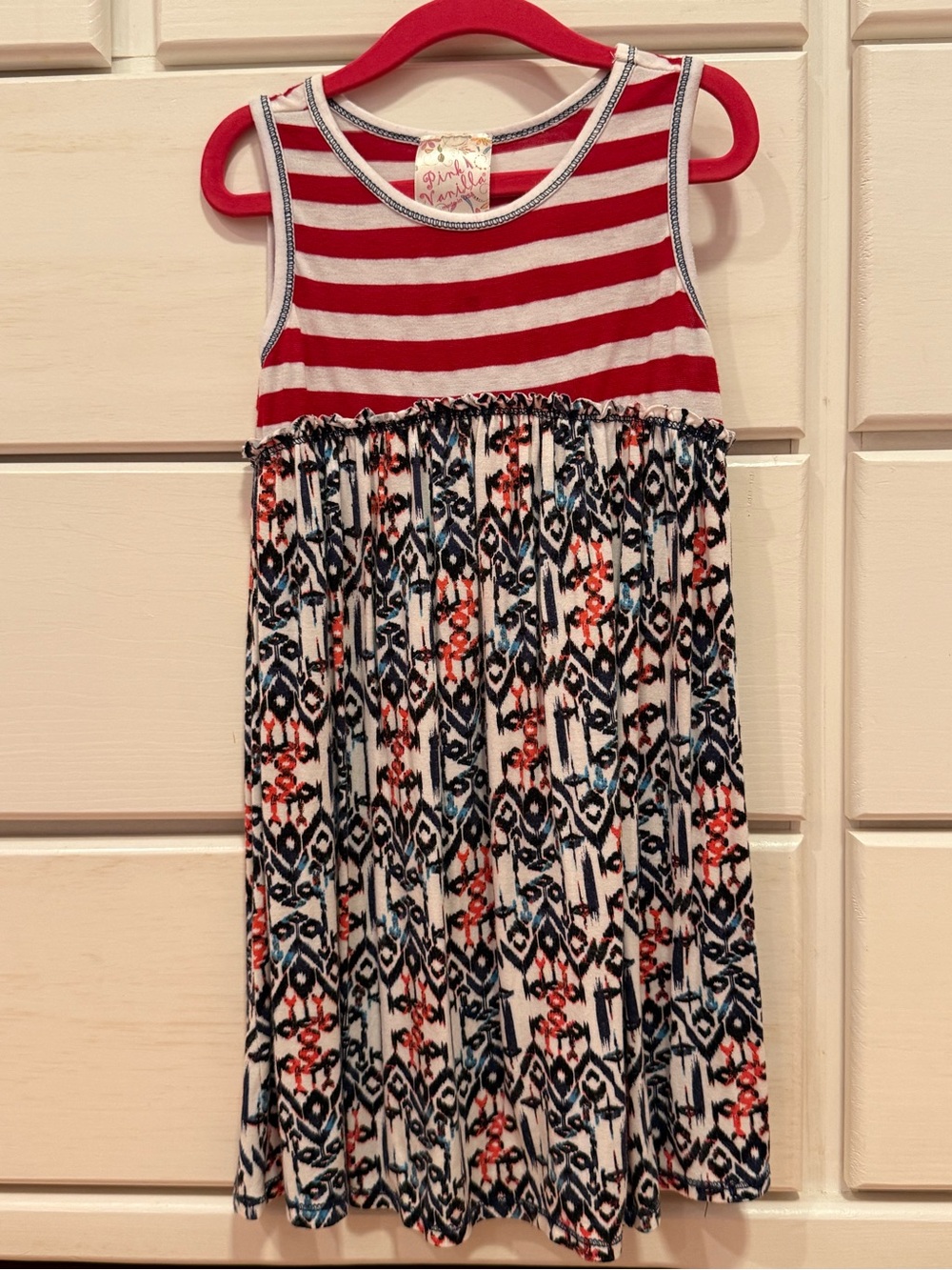 Girls' Red & Navy Striped Tank Dress with Patterned Skirt Sz 6